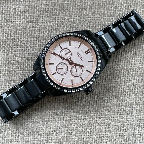 Fossil Ladies Wristwatch Crystals Accent Bezel Black Tone Quartz Multi-function - Picture 4 of 11